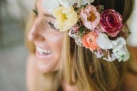 a bright floral crown with white, yellow, orange, pink and blush blooms is a beautiful idea for a bold look