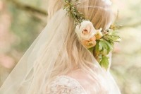 a greenery bridal crown with blush ranunculus and a veil is a breezy and light idea for a spring bride