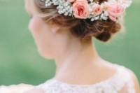 a traditional floral crown of baby’s breath and pink roses is a lovely idea for a spring bride, bridesmaid or flower girl
