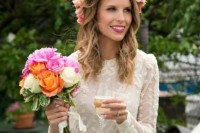a pink rose floral crown is a classic idea that will bring a vintage touch to your look and will match most of bridal looks