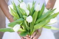a wedding bouquet of white tulips is a simple mono flower bouquet that is always on trend and always looks nice