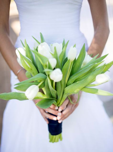 a wedding bouquet of white tulips is a simple mono flower bouquet that is always on trend and always looks nice