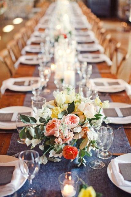 a blue enim runner and matching menus make the tablescape bright and casual at the same time