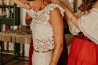 a boho chic bridal look with a boho lace crop top and a matching midi skirt is a great idea not only for spring but also for other seasons
