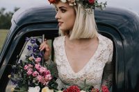 a bright and cool floral crown with red, lilac, orange and white blooms and greenery is a lovely idea for a bright spring wedding