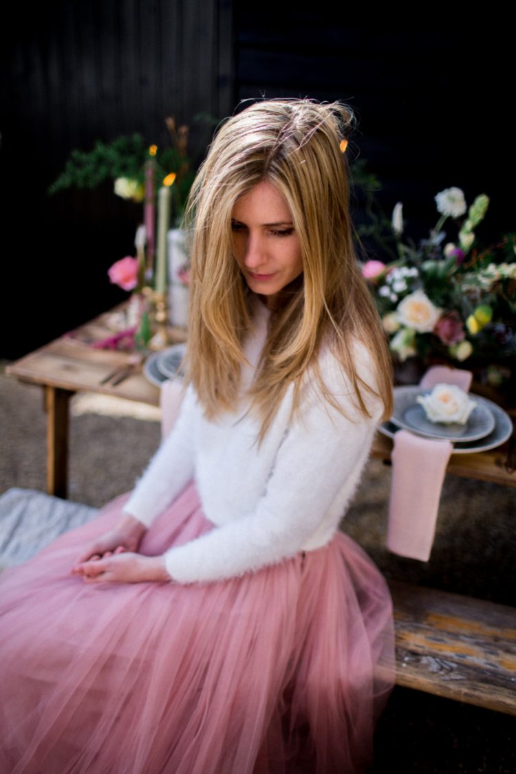 bridal sweaters -  a comfy bridal look with a white fuzzy sweater and a pink tulle skirt for a casual and feminine feel