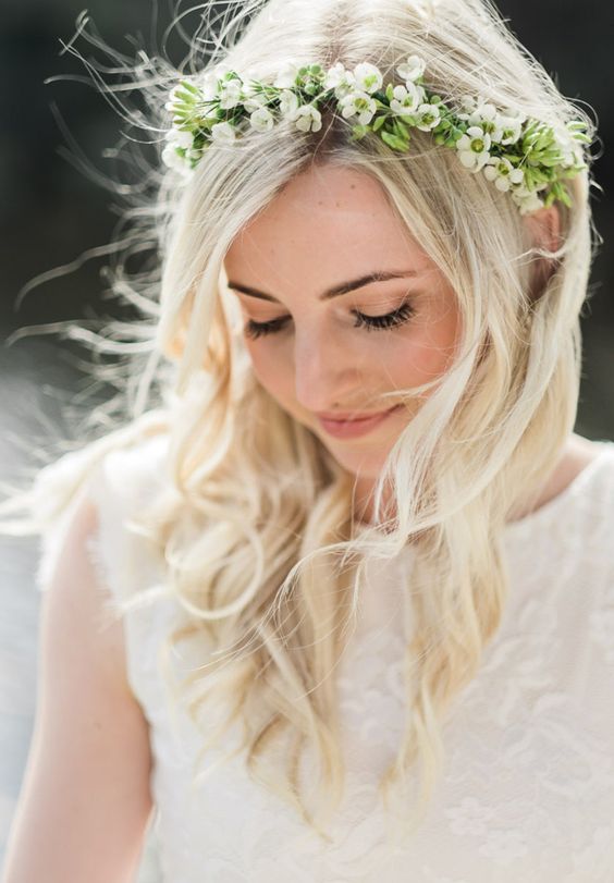 a delicate waxflower and greenery crown is a lovely idea for an airy and light spring bridal look, with a boho feel