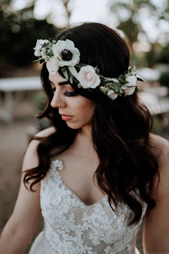 a delicate white and blush floral crown with anemones and roses and a bit of greenery is a gorgeous solution for spring
