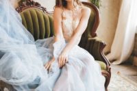 a lace bodice on spaghetti straps and a blue tulle skirt plus lace up flats for a ballerina-inspired look