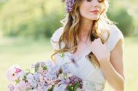 a lovely spring bridal crown with pink blooms and lilac plus some foliage is an amazing idea for a romantic spring bride