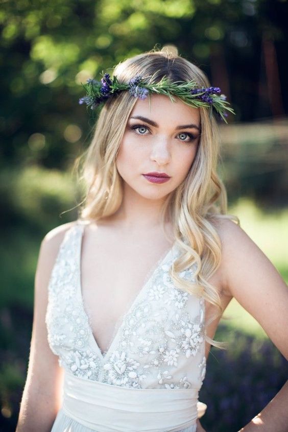 a pretty greenery and lilac and purple flower crown is amazing for a spring bride, it doesn't look too much yet adds a bit of color