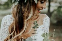 a seeded eucalyptus crown is ideal for a boho bride, if you don’t feel like blooms, it will fit any season