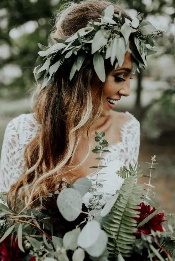 a seeded eucalyptus crown is ideal for a boho bride, if you don't feel like blooms, it will fit any season