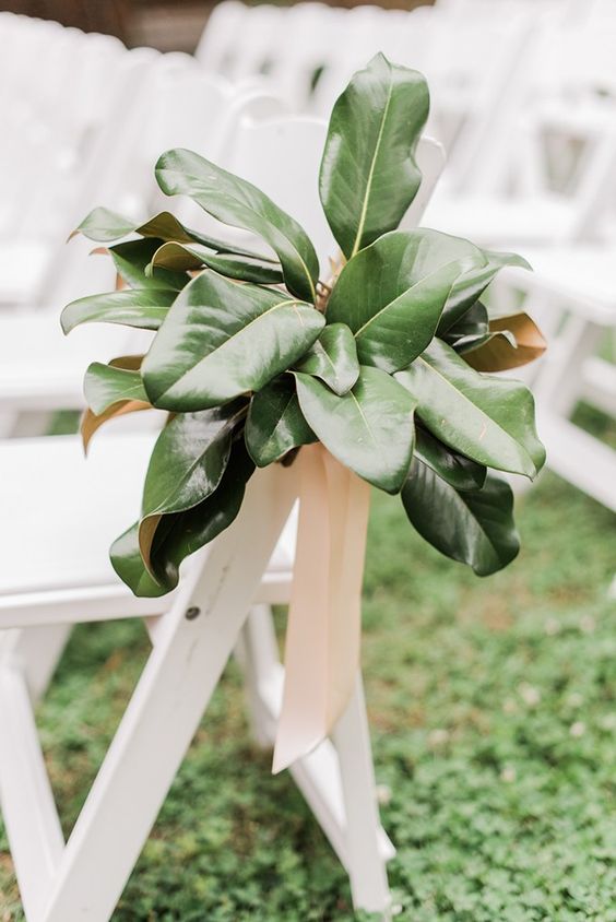 decorate your wedding aisle chairs with magnolia leaves and blush ribbons to make the space cool