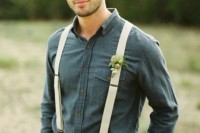 a rustic groom’s look with mustard pants, a dark chambray shirt and neutral suspenders