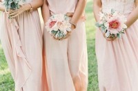 lovely neutral and light pink mini bouquets with greenery are amazing for a wedding in spring or summer