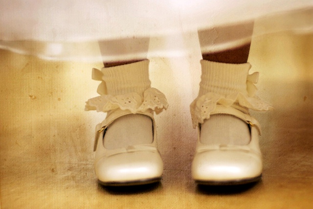 neutral leather shoes with straps and lace socks are classics for every flower girl