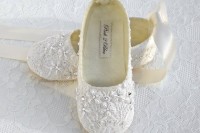 flat lace embellished shoes with silk straps are a cool addition for a girlish and cute look