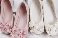 pink and white flat shoes with bows and pearls are girlish, statement and very catchy