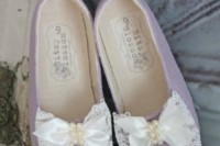 purple flats with white fabric bows and pearls are a cool touch of color and girlishness for sure