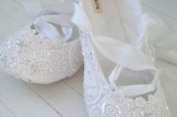 lace embellished lace up flat shoes inspried by ballet flats will add a cute shiny touch to the flower girl’s look