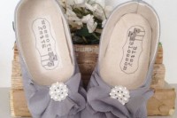 grey fabric flat shoes with large fabric blooms and rhinestones are chic, will add color and a feminine touch