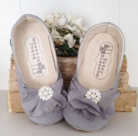grey fabric flat shoes with large fabric blooms and rhinestones are chic, will add color and a feminine touch
