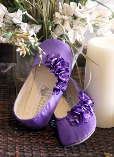 purple flat shoes with ruffles are a great touch of color and chic and will make any flower girl look cuter