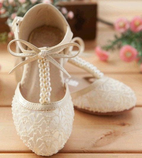 white lace T-strap shoes with bows and pearls are chic, girlish and very cute