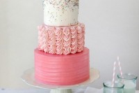 a bold wedding cake with a textural buttercream tier, a rose cream one and a white one with sprinkles is fun