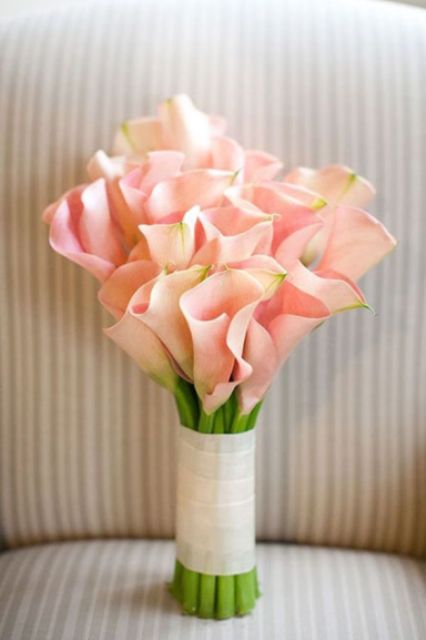 a pink calla lily wedding bouquet with a ribbon wrap is a chic idea for a spring or summer wedding