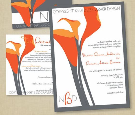 orange calla lily wedding stationery is a stylish idea if you gonna use these blooms for your wedding decor