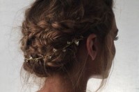 a braided and messy updo with curls is a chic idea, a rhinestone hair vine will make it amazing