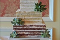 a naked square wedding cake with different tiers and fresh succulents for decor for a modern wedding