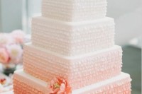 an ombre coral square wedding cake with multiple ruffles is a bright idea for a spring or summer wedding