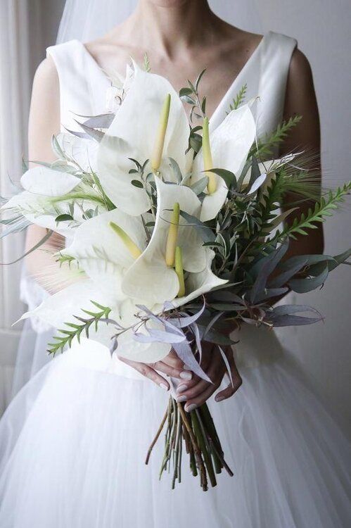 a beautiful and bold wedding bouquet of white calla lilies, greenery and pale foliage is a lovely idea for spring or summer