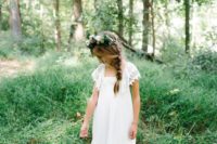 a boho lace flower girl maxi dress with cap sleeves and lace inserts and a square neckline