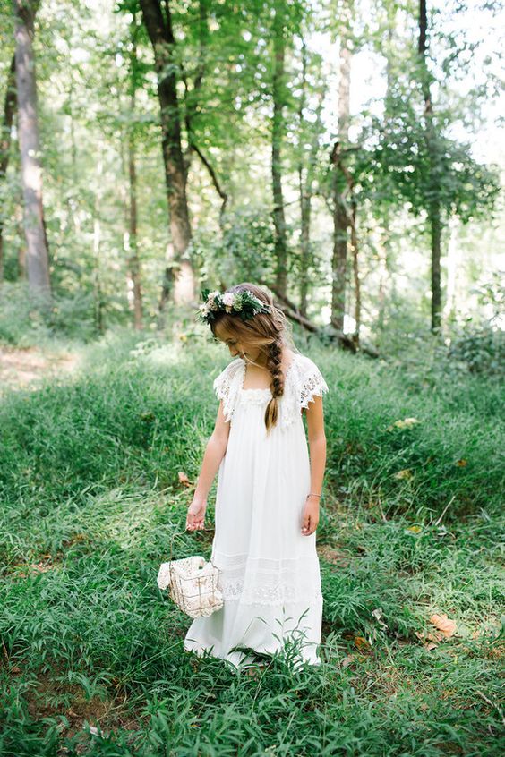 a boho lace flower girl maxi dress with cap sleeves and lace inserts and a square neckline