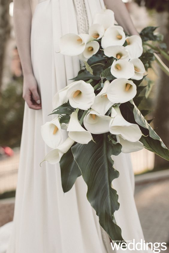 a bold tropical wedding bouquet of white callas and tropical leaves is a great idea for a tropical bride who wants a refined touch