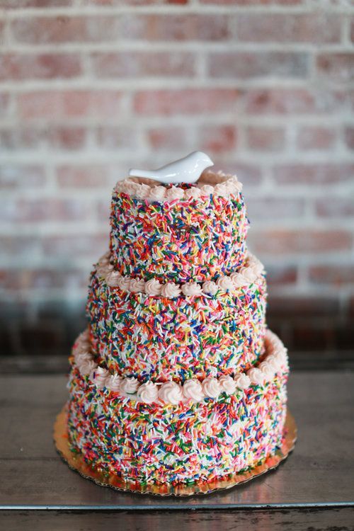 a colorful sprinkle wedding cake topped with a little bird is a lovely and bold idea for fun