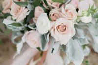 a delicate pale pink and white wedding bouquet with usual and pale greenery is a very cool idea to rock