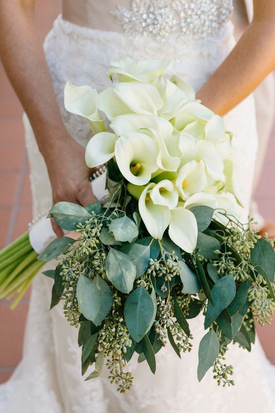 a lush wedding bouquet of white calla lilies and eucalyptus with a white wrap is a very pretty and fresh idea