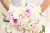 a pink and blush rose and white calla wedding bouquet is a sweet and lovely idea for a wedding