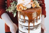 a salted caramel drip naked wedding cake with a fresh flower topper and macarons is amazing for a fall wedding