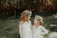 boho lace maxi flower girl dresses with long sleeves, illusion necklines and a train are a timelessly elegant idea