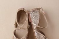 copper glitter flat shoes with cutouts and peep toes plus rhinestones are a cool and glam idea
