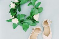 little pink flats with ankle straps and a floral crown to accessorize the look of your cute flower girl