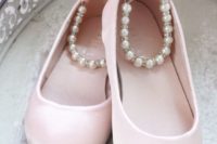 pink flats with pearl ankle straps and pink bows will add a touch of color and a girlish touch to the look
