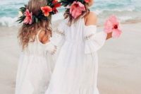 plain flower girl midi dresses with a cold shoulder, long sleeves and lace inserts