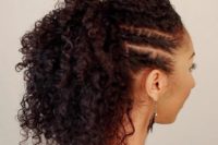 side flat twists with a high ponytail will keep your hair away from the face throughout the day